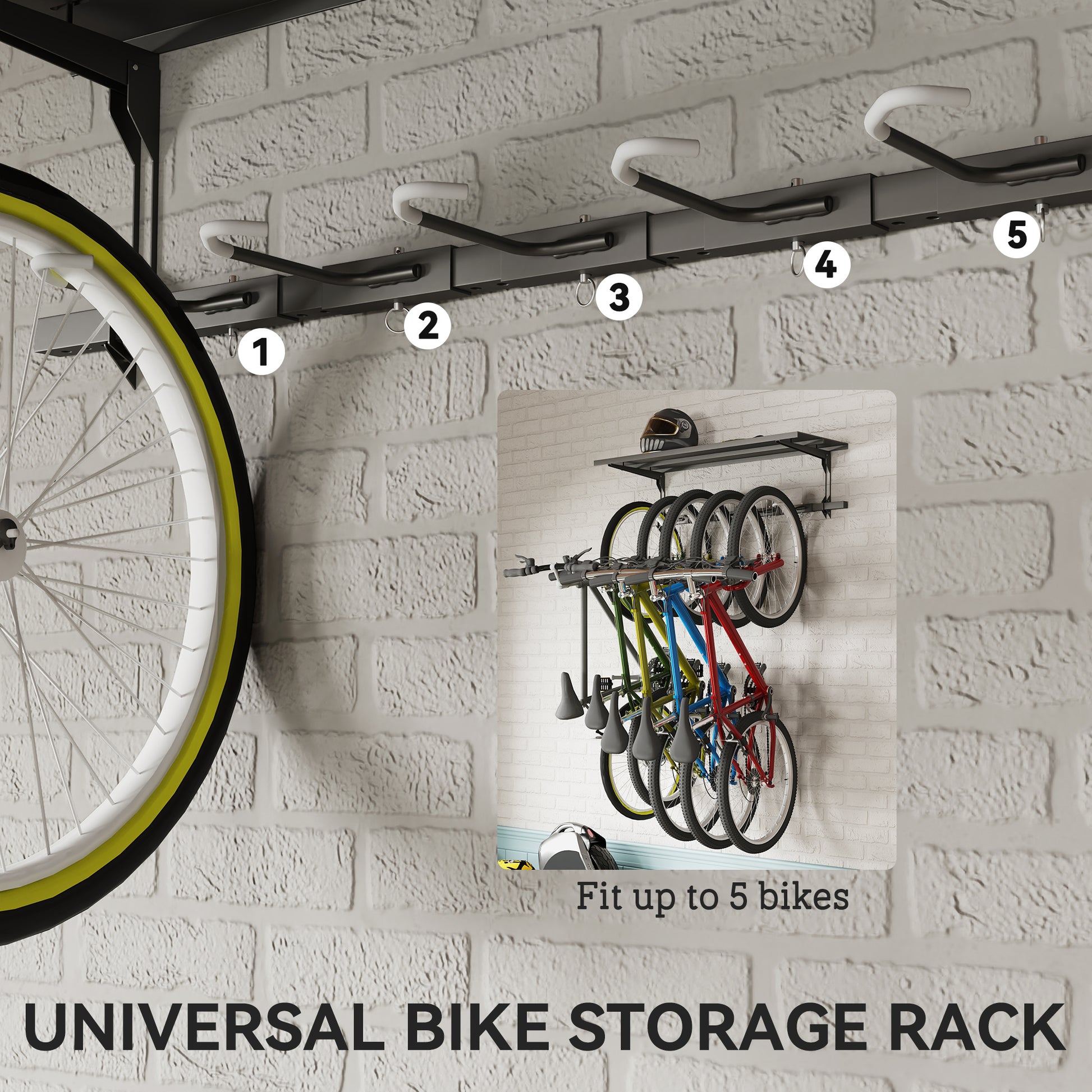 Soozier Bike Storage Rack for 5 Bikes, Wall Mounted Bicycle Rack with Shelf and Adjustable Hooks for Indoor Outdoor Use,