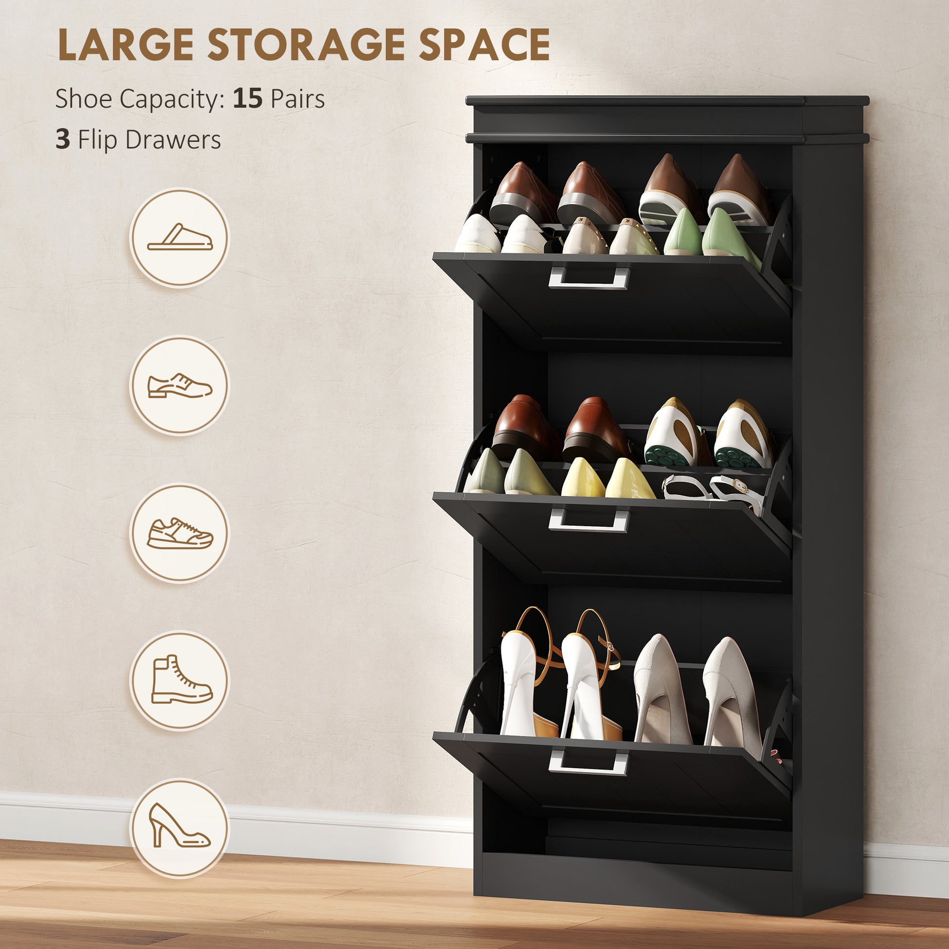 Slim Shoe Cabinet with 3 Flip Drawers and Adjustable Shelves, Narrow Shoe Cabinet for 15 Pairs of Shoes, Black