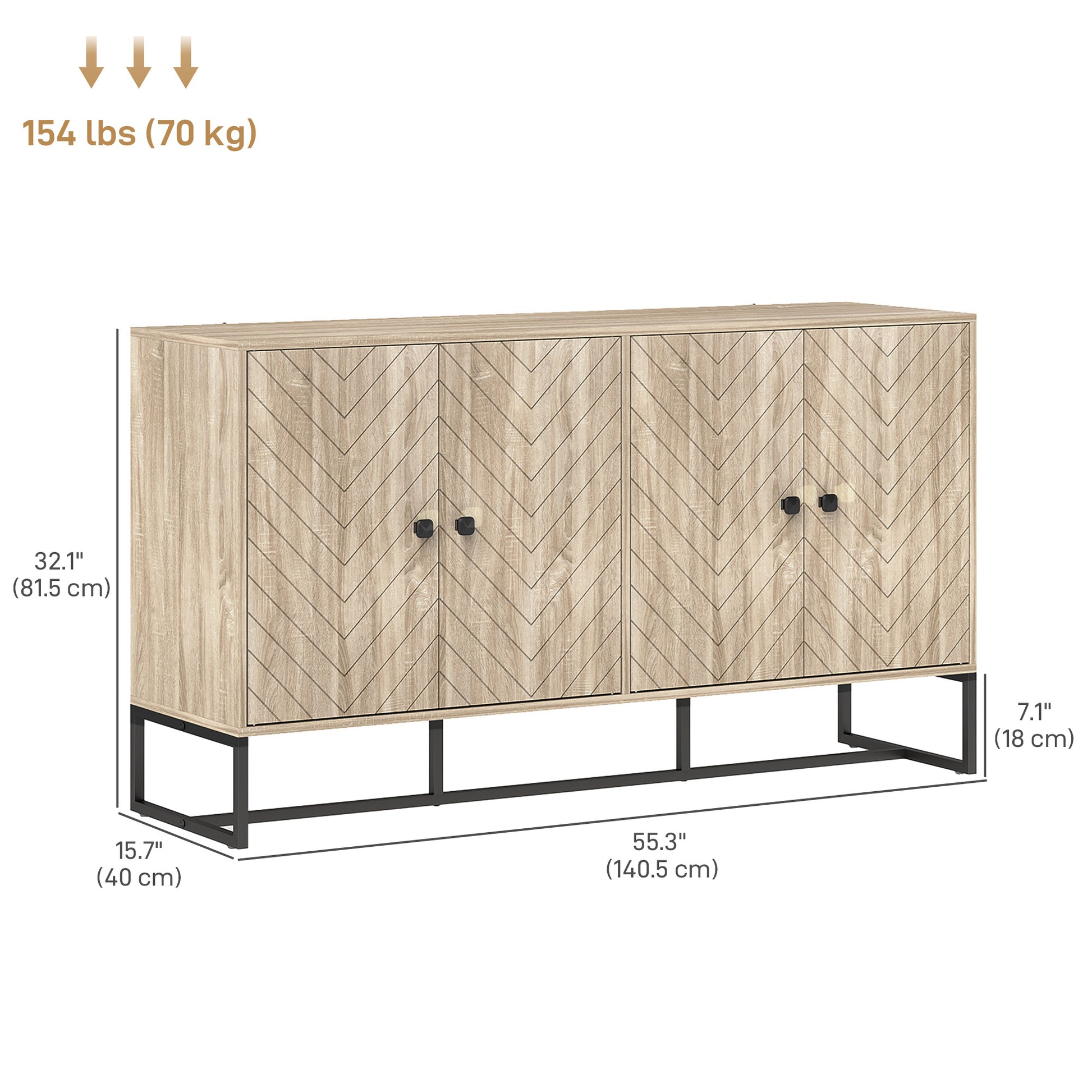 Sideboard Buffet Cabinet with 2 Adjustable Shelves and Steel Base, TV Stand, Coffee Bar Cabinet for Living Room, Oak