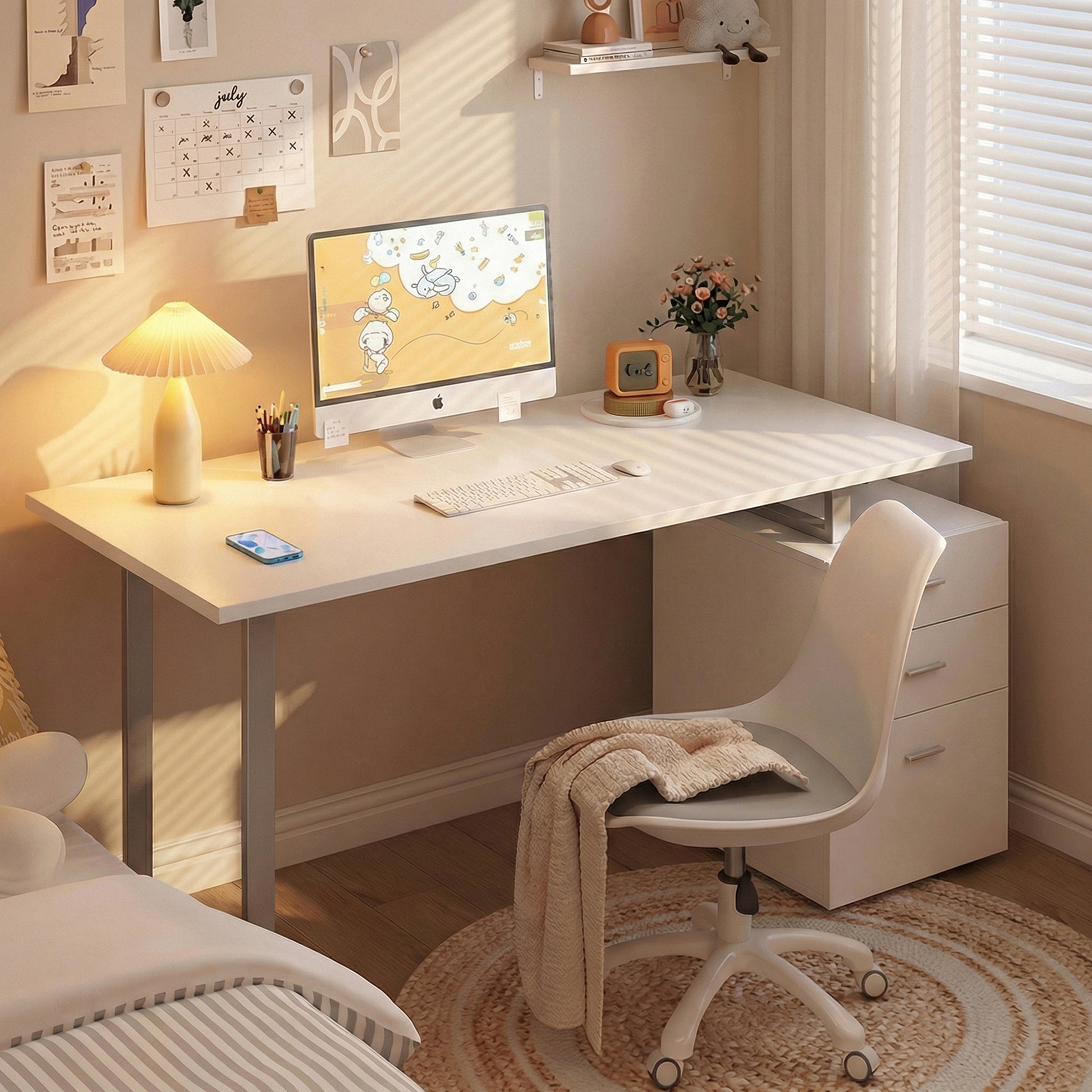 47" Computer Desk Writing Table Workstation with Multi-Use Reversible File Drawers Metal Frame Home Office Furniture, Wh