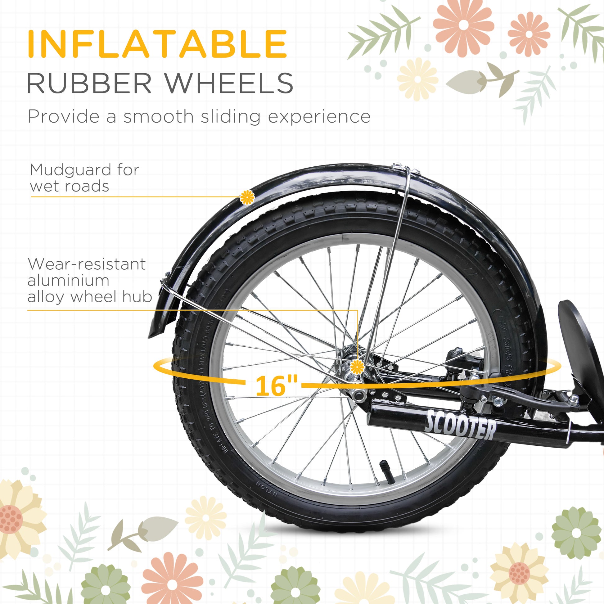 VarietyKart Kick Scooter with Adjustable Handlebar, Kids Scooter with 2 Brakes Basket Cupholder 16" Inflatable Rubber Ty