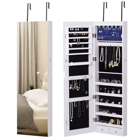 Mirror Jewelry Cabinet Armoire with LED Lights and 2 Keys, Wall Door Mounted Jewelry Organizer, Lockable Full-length Mir