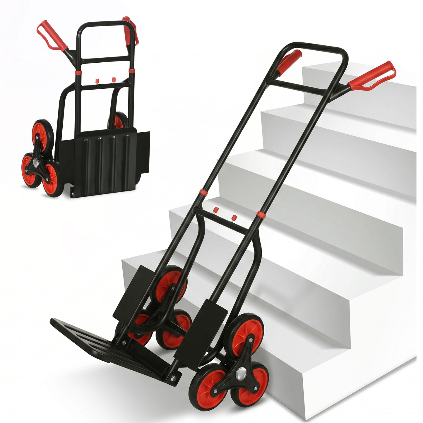 6-Wheels Stair Climber Trolley Cart, Hand Truck and Dolly, Foldable Steel Load Cart, 264lbs Capacity, Black and Red