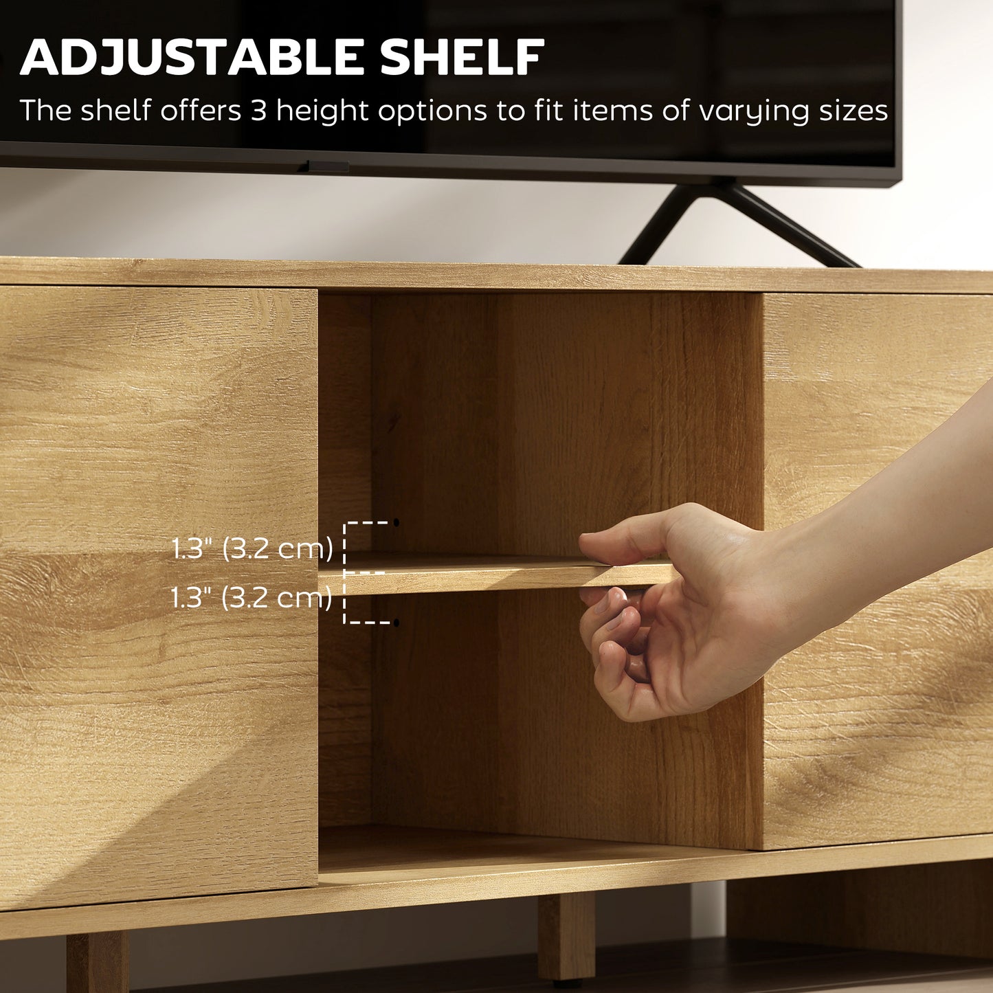 TV Stand for up to 55 Inch TV, Nordic Entertainment Center with 2 Cabinets and 2 Open Shelves for Living Room, Natural W