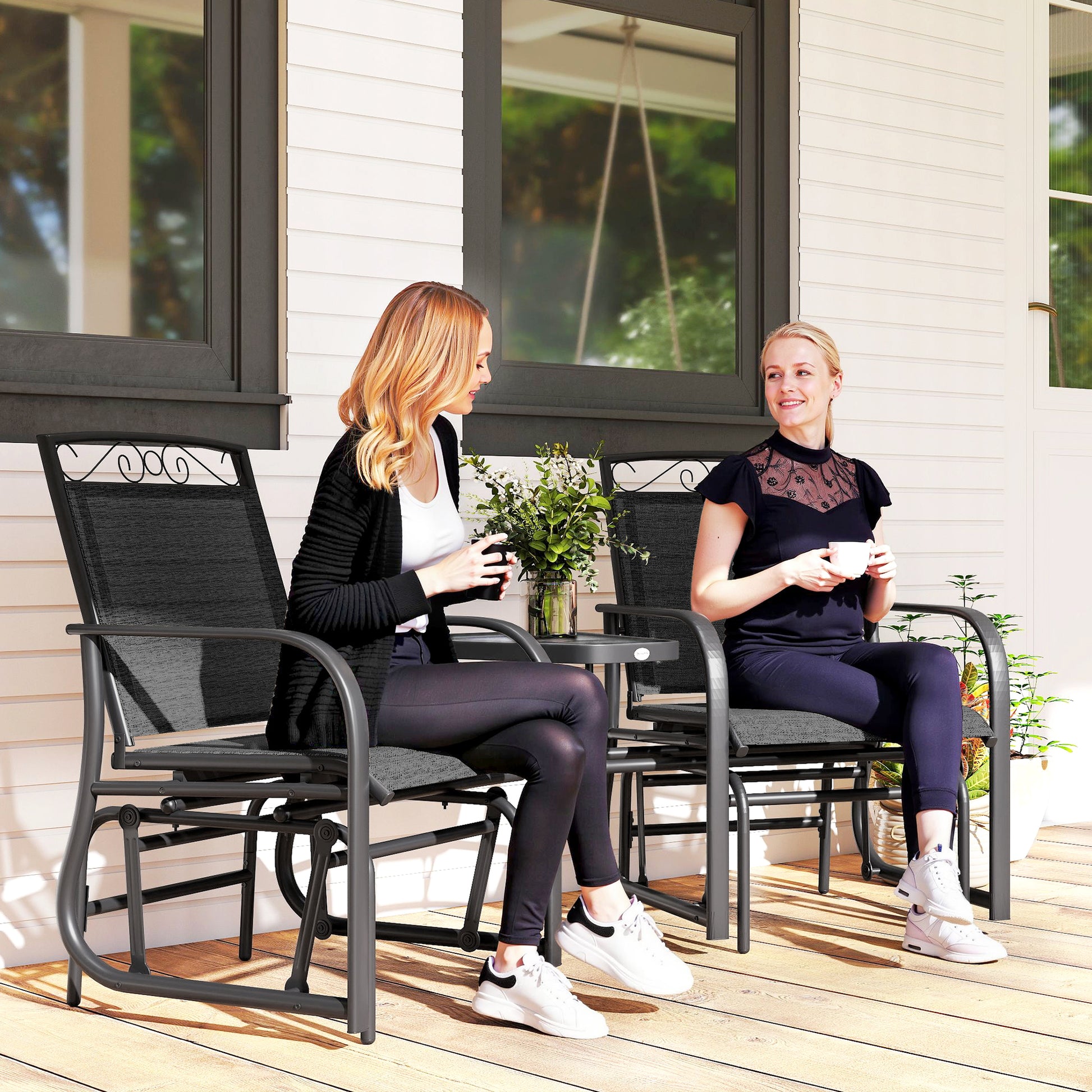 Outdoor Glider Bench with Coffee Table, Patio 2-Seat Rocking Chair Swing Loveseat with Breathable Sling for Backyard Gar