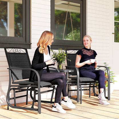 Outdoor Glider Bench with Coffee Table, Patio 2-Seat Rocking Chair Swing Loveseat with Breathable Sling for Backyard Gar