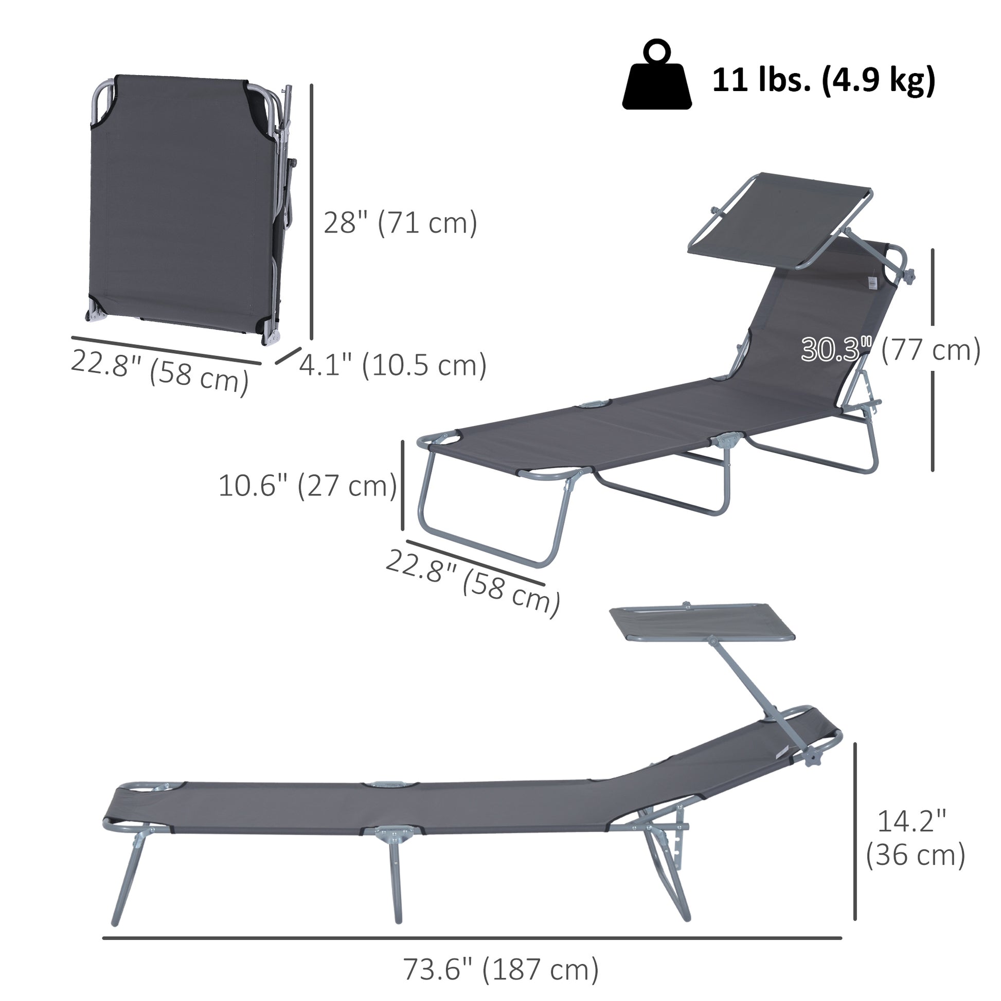 Outdoor Lounge Chair, Adjustable Folding Chaise Lounge,  Tanning Chair with Sun Shade for Beach, Camping, Hiking, Backya