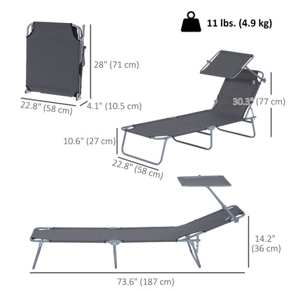 Outdoor Lounge Chair, Adjustable Folding Chaise Lounge,  Tanning Chair with Sun Shade for Beach, Camping, Hiking, Backya