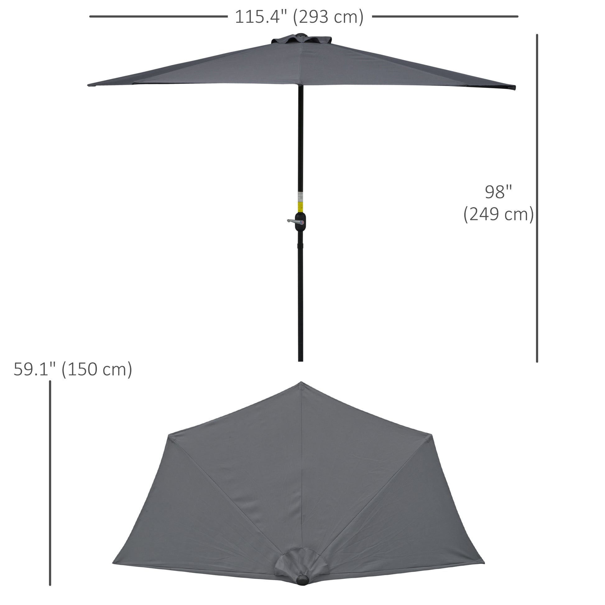 9.8ft Half Umbrella Semi Round Patio Parasol with Crank Handle, Top Vent for Garden, Balcony- NO BASE INCLUDED, Grey