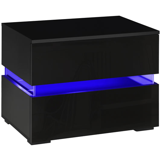 Modern Nightstand, Bedside Table with 2 Drawers, RGB LED Lights for Bedroom, Black