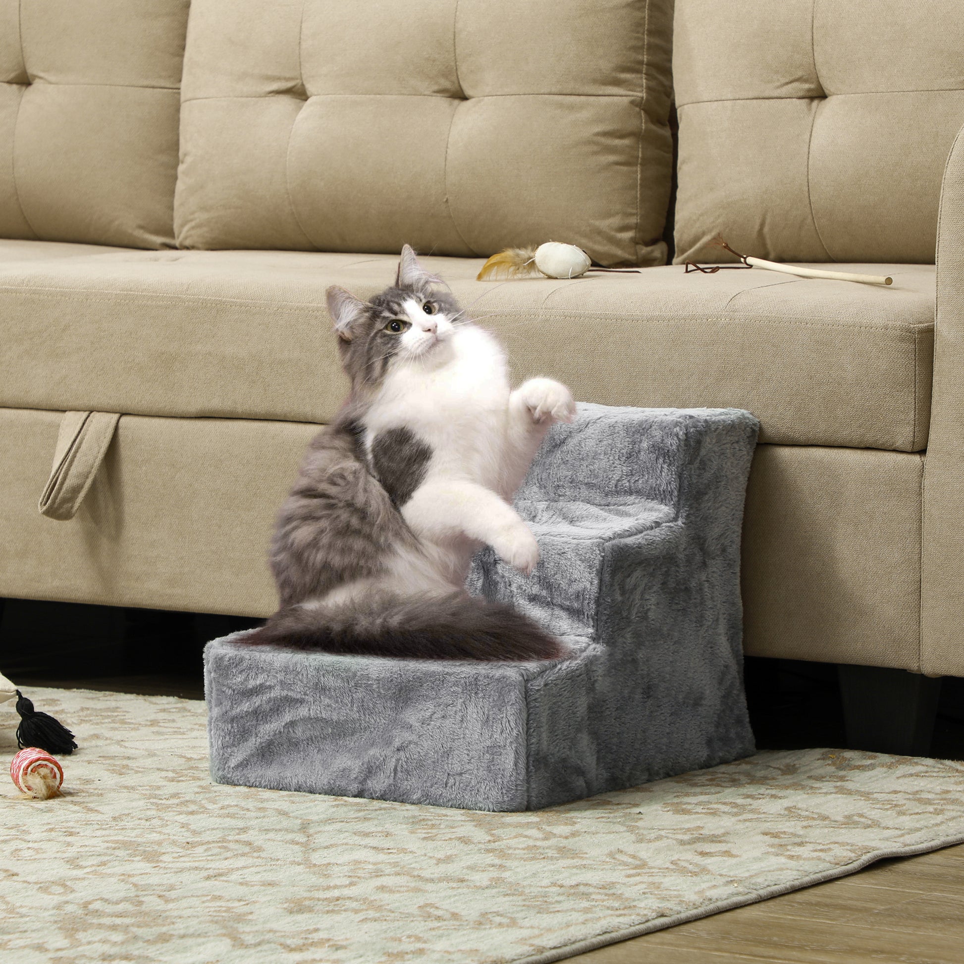 3-Step Dog Ramp for Sofa, Bed, and Couch, with Removable Cover, Light Grey