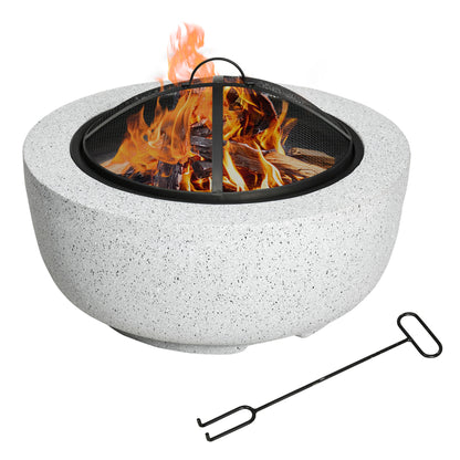 24" Outdoor Fire Pit with Stone Effect, Wood-burning Firepit Fireplace with Spark Screen and Poker for Backyard Camping 