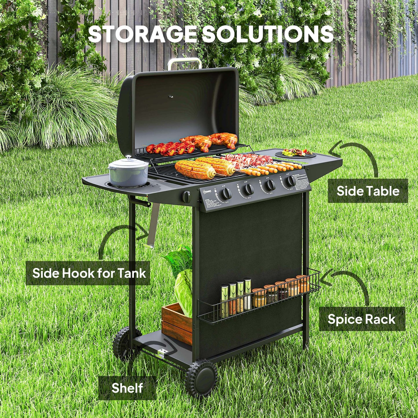 4+1 Burner Propane Gas BBQ Grill, Portable Gas Barbecue Grill with Side Burner, Thermometer, Lid, Side Table, Shelf, Spi