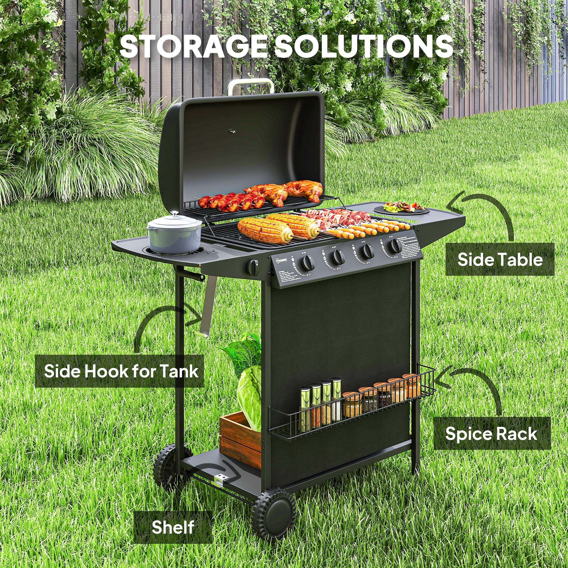 4+1 Burner Propane Gas BBQ Grill, Portable Gas Barbecue Grill with Side Burner, Thermometer, Lid, Side Table, Shelf, Spi