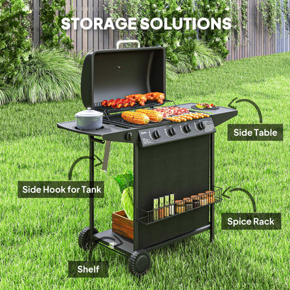 4+1 Burner Propane Gas BBQ Grill, Portable Gas Barbecue Grill with Side Burner, Thermometer, Lid, Side Table, Shelf, Spi