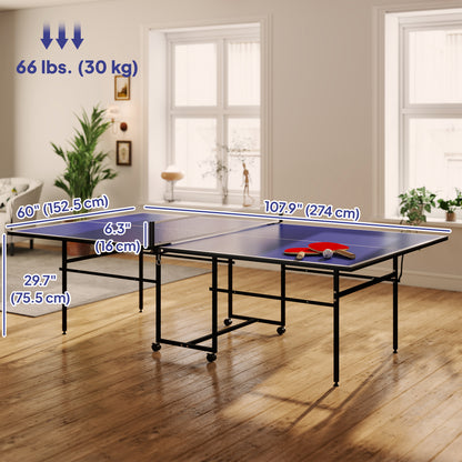 Soozier Full Size Table Tennis Table, Folding Ping Pong Table with Net, Paddles, Balls and Wheels, Blue