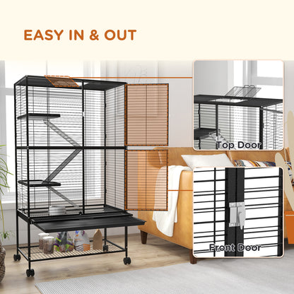 Rolling Small Animal Cage 54"H Chinchilla Cage for Ferrets, Squirrels w/ Removable Tray, Storage Shelf, Black
