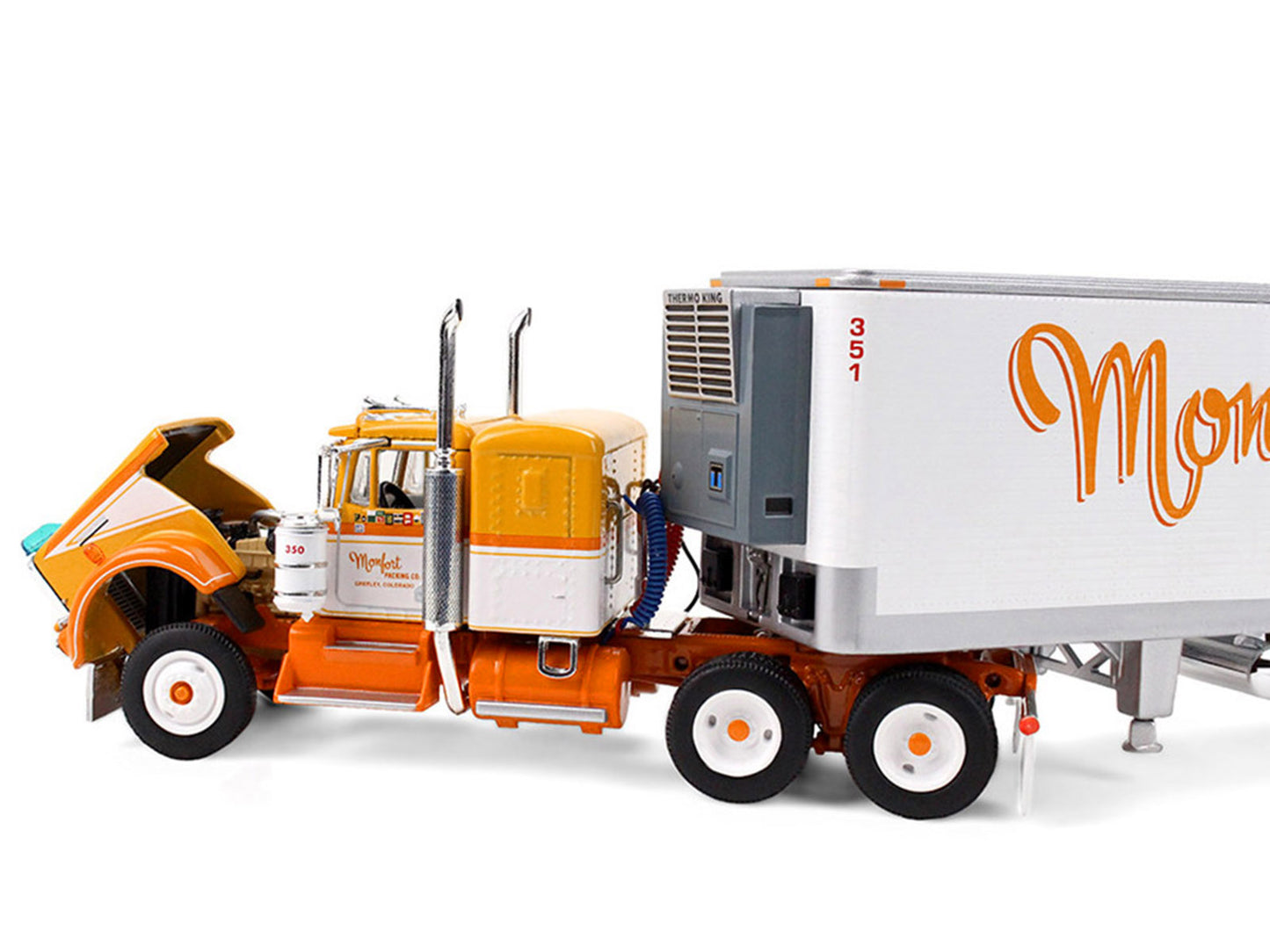 Kenworth W900A with 36" Sleeper and 40' Vintage Trailer with Reefer "Monfort of Colorado" Orange and White "Fallen Flag #50" 1/64 Diecast Model by DCP/First Gear