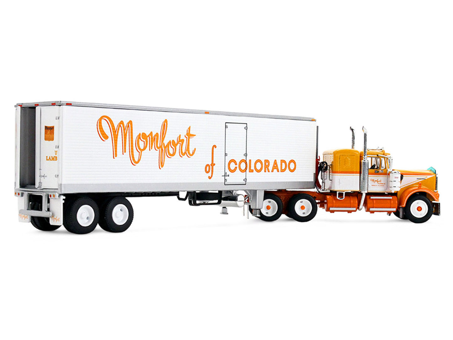 Kenworth W900A with 36" Sleeper and 40' Vintage Trailer with Reefer "Monfort of Colorado" Orange and White "Fallen Flag #50" 1/64 Diecast Model by DCP/First Gear
