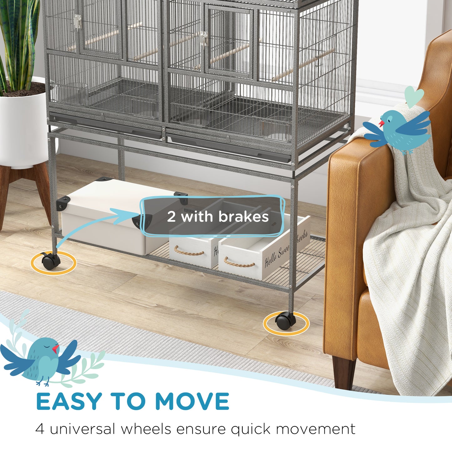 61"H Divided Breeder Bird Cage with Rolling Stand Removable Metal Tray, Storage Shelf, Wood Perch, and Food Container, D