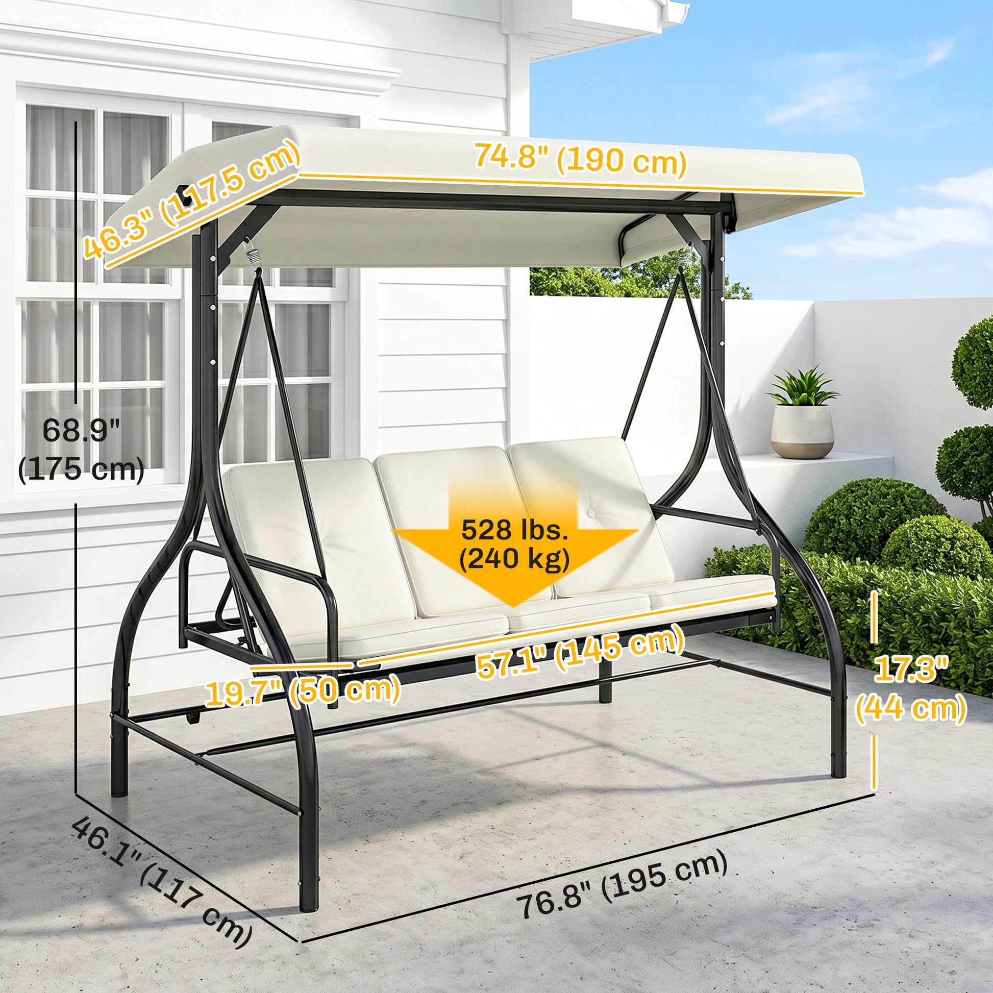 Convertible Patio Swing Bed with Canopy and Cushions, 3 Seater Porch Swing for Outdoor, Backyard, Garden, Cream White
