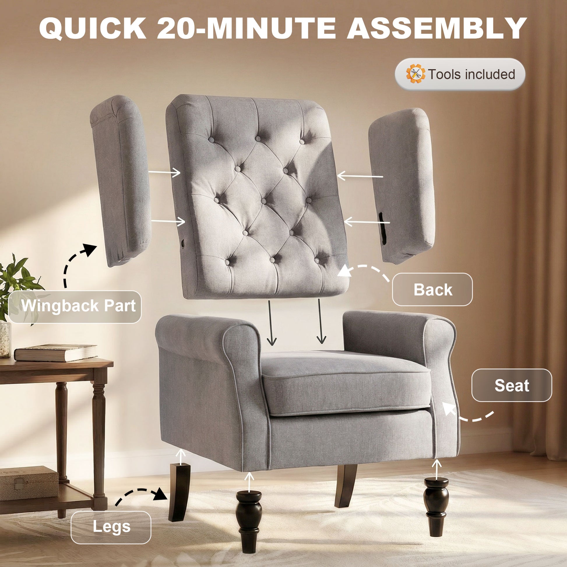 Fabric Accent Chair, Button Tufted Armchair, Upholstered Modern Living Room Chair, Wingback Chair with Wood Legs, Rolled