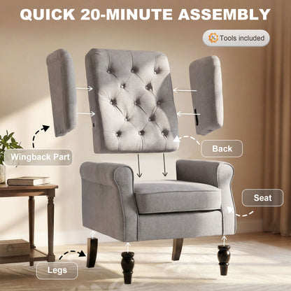 Fabric Accent Chair, Button Tufted Armchair, Upholstered Modern Living Room Chair, Wingback Chair with Wood Legs, Rolled