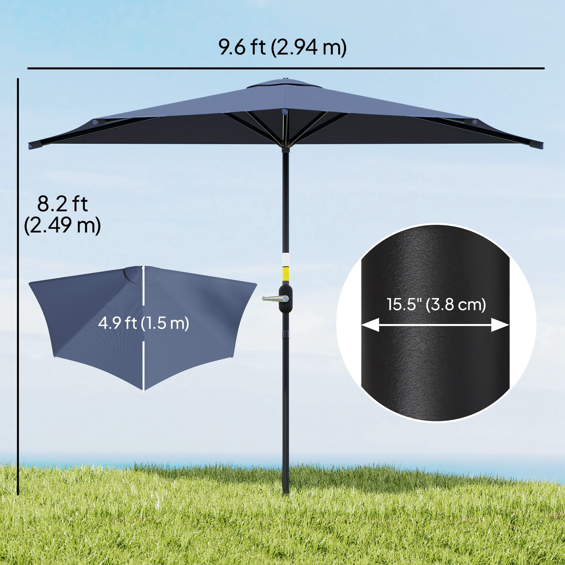 9.8ft Half Umbrella Semi Round Patio Parasol with Crank Handle, Top Vent for Garden, Balcony- NO BASE INCLUDED, Dark Blu