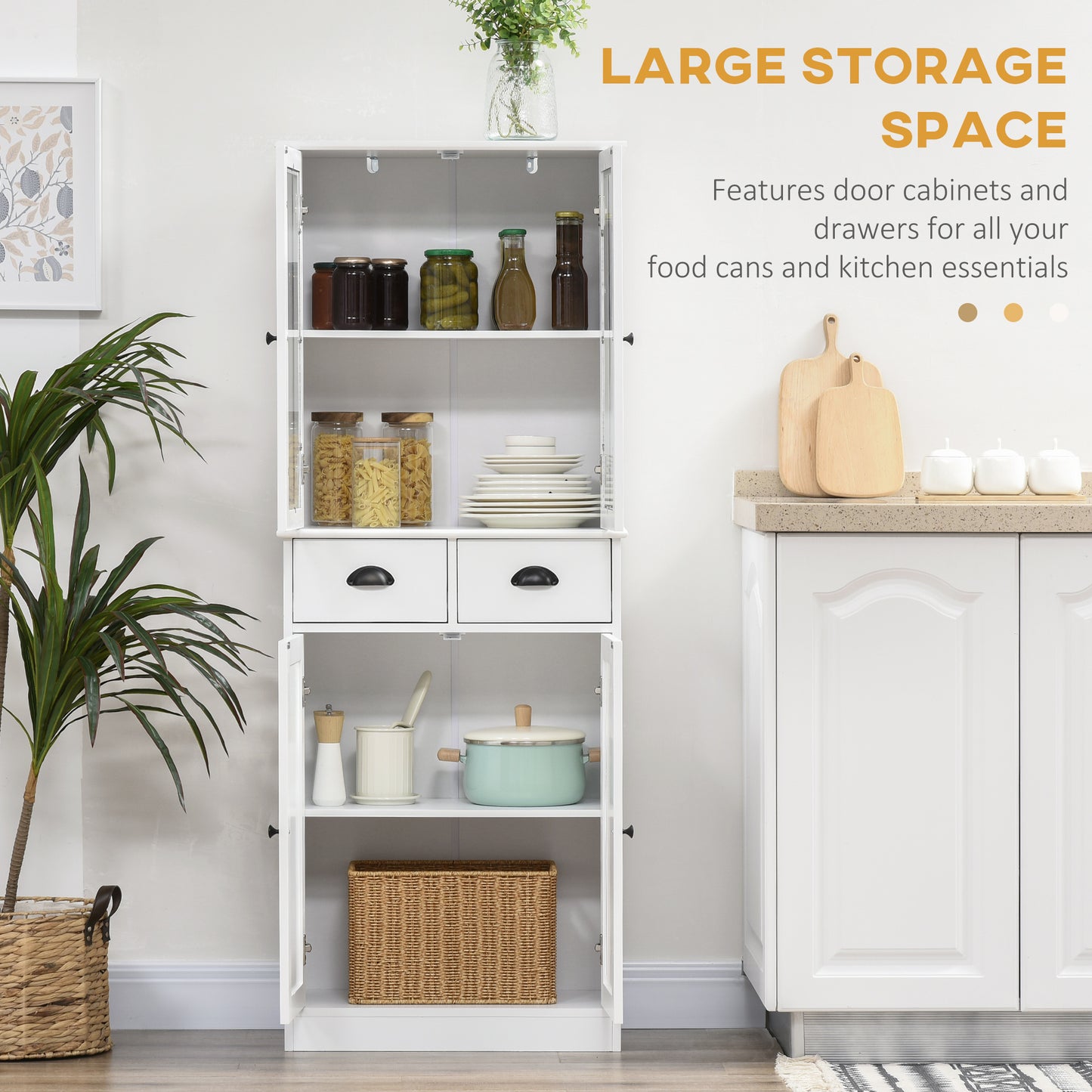 61" Kitchen Pantry Cabinet, Freestanding Farmhouse Buffet Storage Cabinet with Soft Close Glass Doors and Adjustable She