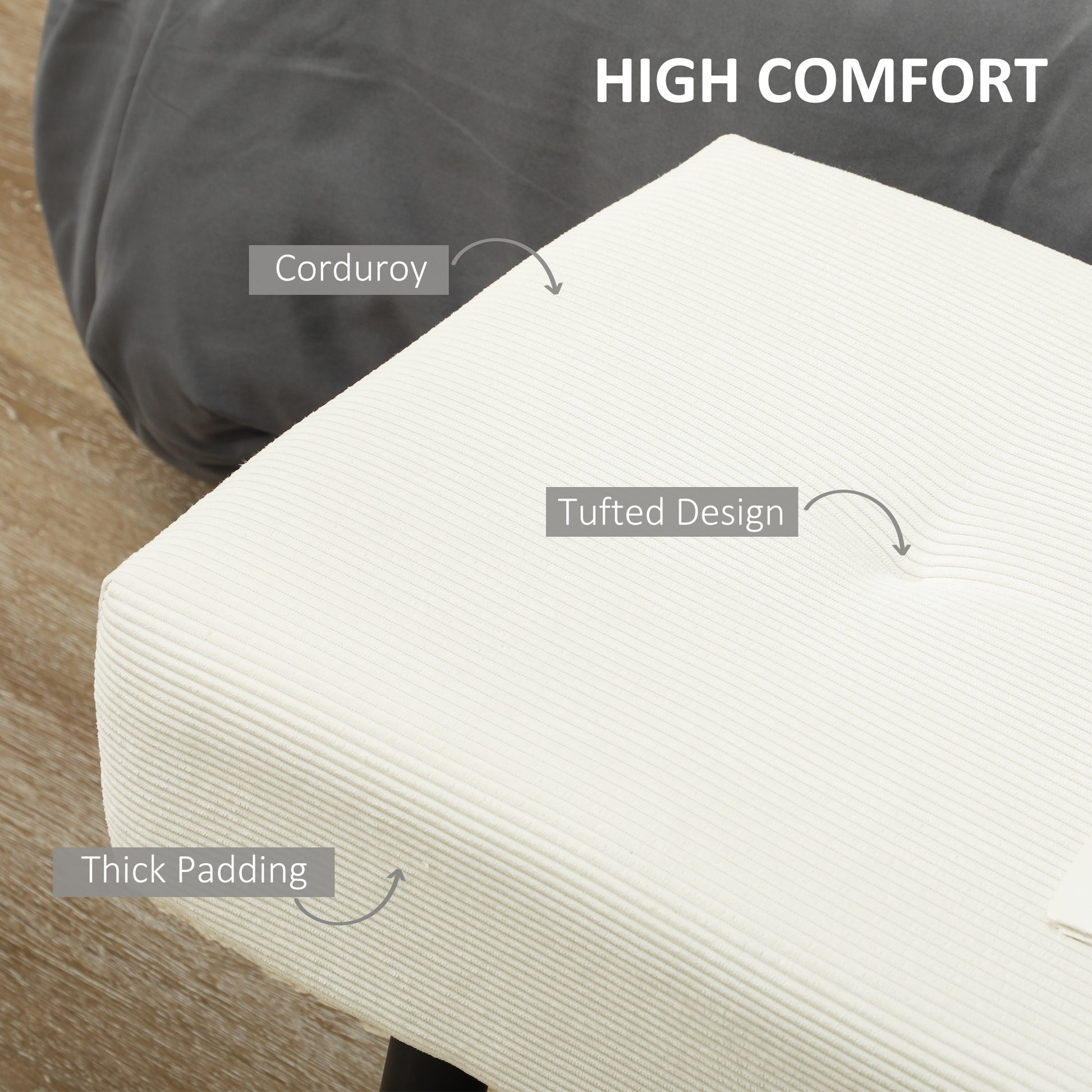 39" Upholstered Ottoman Bench, Corduroy Entryway Bedroom Bench with Padded Seat and Steel Legs for Bedroom, Cream White