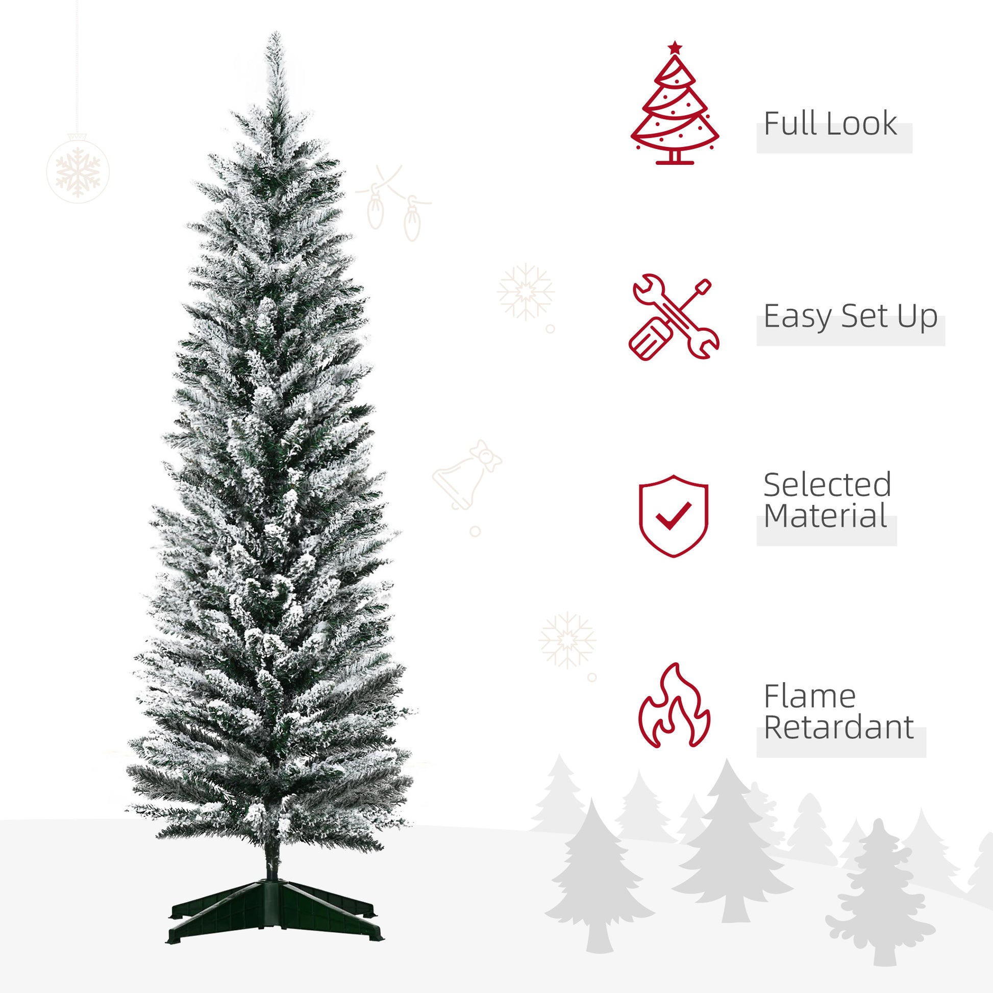 5ft Tall Pencil Artificial Christmas Tree, Holiday Décor with Snow Flocked Branches, Green