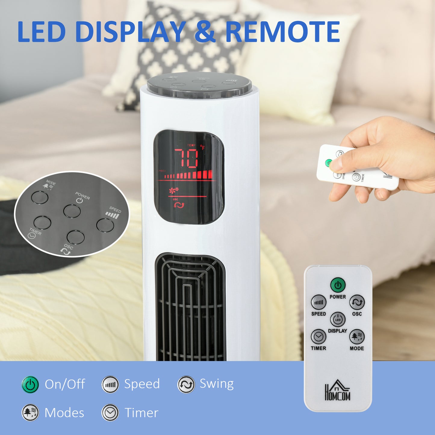 Freestanding Tower Fan Cooling for Home Bedroom with Oscillating, 3 Speed, 12h Timer, LED Sensor Panel, Remote Controlle