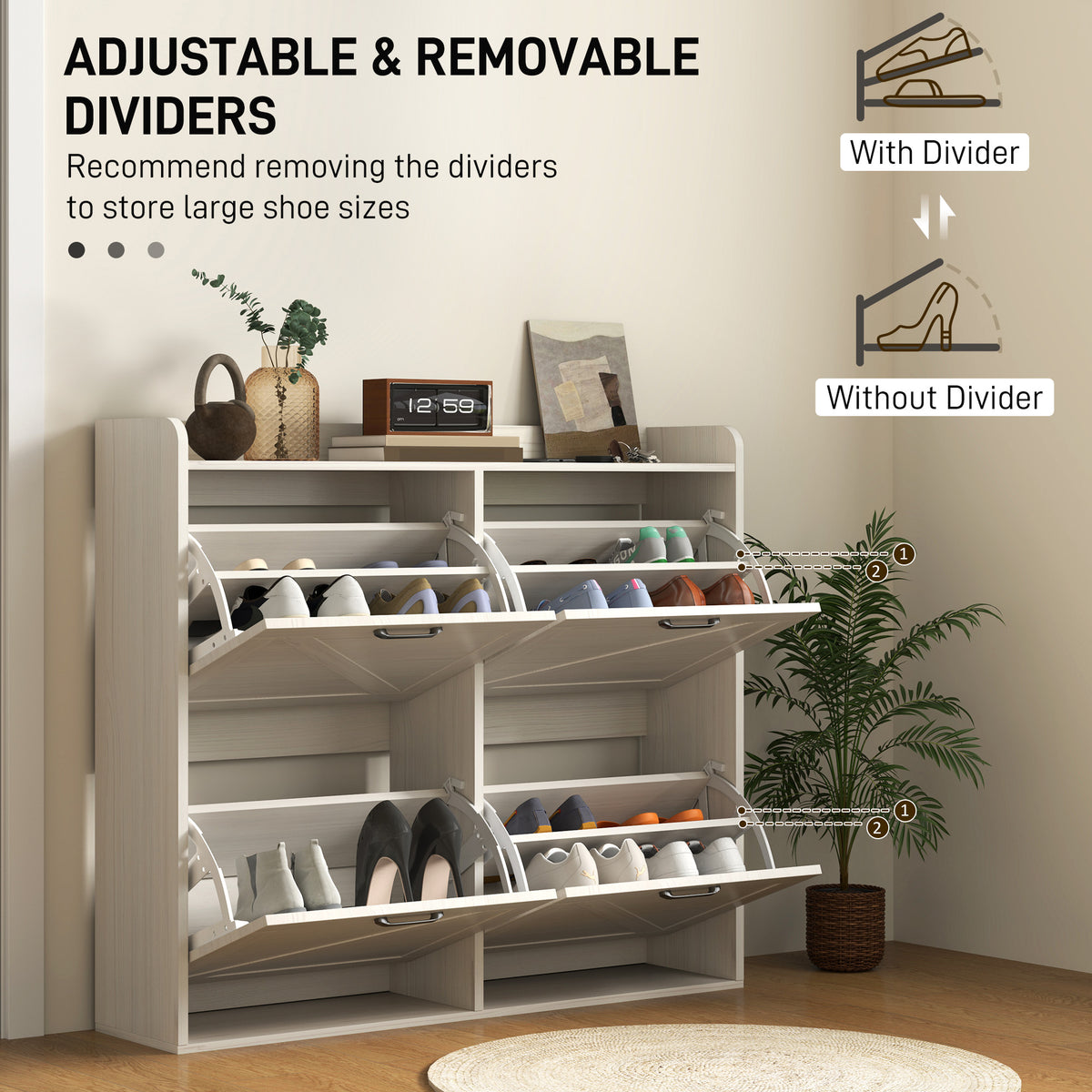 Narrow Shoe Storage Cabinet with 4 Flip Drawers, Adjustable Shelves, 16 Pair Farmhouse Shoe Cabinet, White Oak
