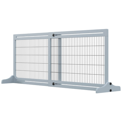 41"-71" Wooden Freestanding Pet Gate with Support Feet, for Small Medium Dogs, Grey-Blue