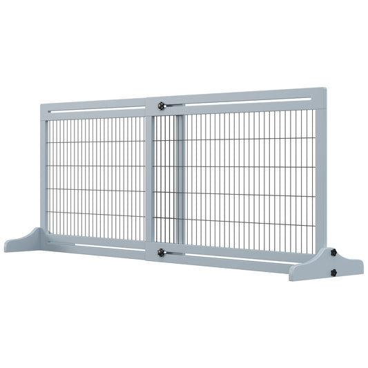41"-71" Wooden Freestanding Pet Gate with Support Feet, for Small Medium Dogs, Grey-Blue