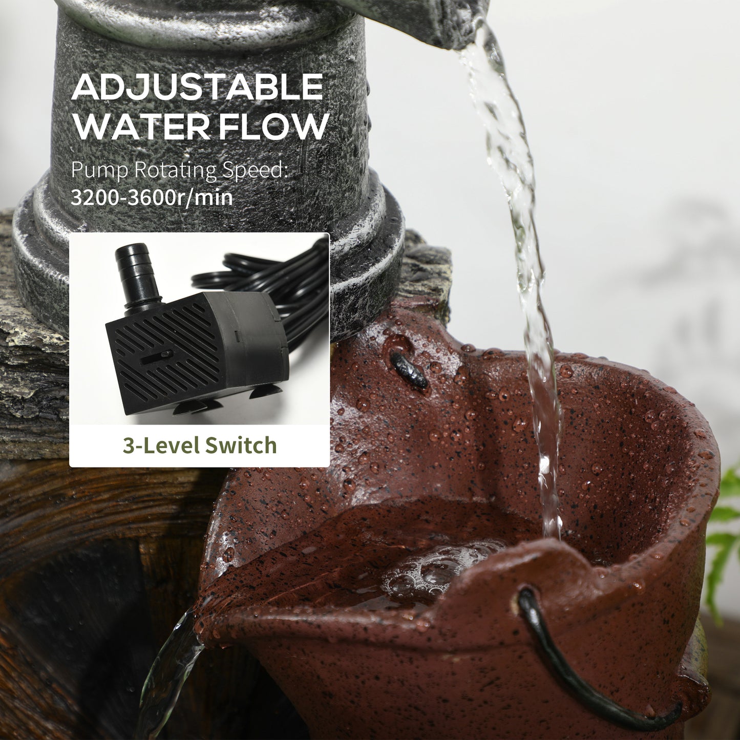 Rustic Waterfall Fountain with Old Fashion Pump Barrel Wheel, 3-Tier Cascading Outdoor Fountain with Adjustable Flow, De