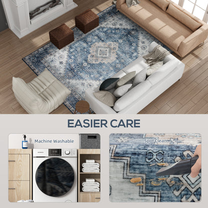 5x7 Area Rug, Vintage Machine Washable Rug, Non-Slip Floor Carpet for Living Room, Bedroom, Dining Room, Blue