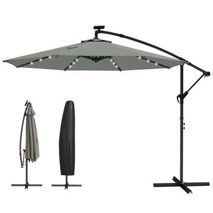 9.7 ft Cantilever Patio Umbrella with Solar Light, Garden Hanging Parasol with Cover, Tilt, Crank, Grey