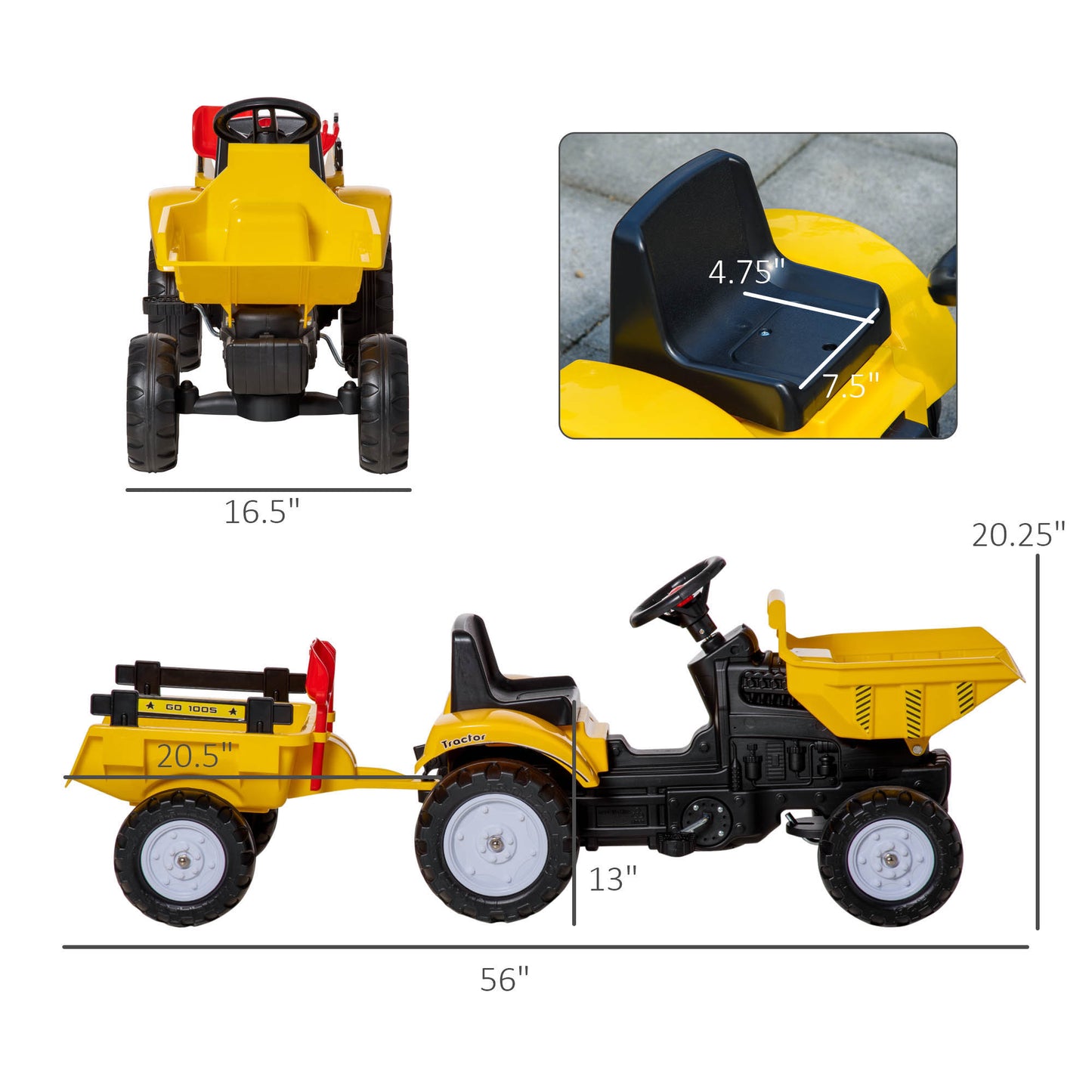 VarietyKart Ride on Toy Dump Truck for Kids, Pedal Construction Car with Detachable Trailer for 3 Years Old, Yellow
