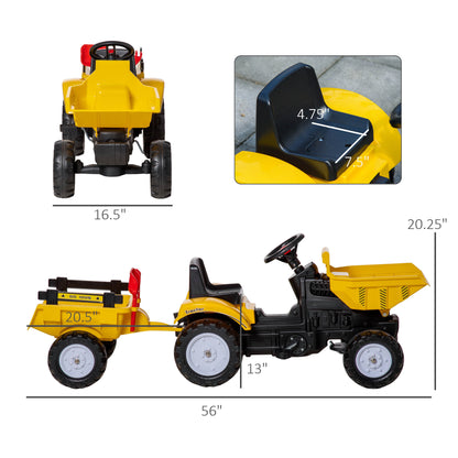 VarietyKart Ride on Toy Dump Truck for Kids, Pedal Construction Car with Detachable Trailer for 3 Years Old, Yellow