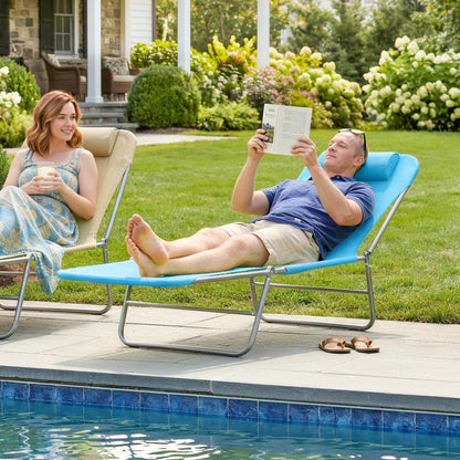 Outdoor Lounge Chair, Portable Adjustable Reclining Seat Folding Chaise Lounge Patio Camping Beach Tanning Chair Bed wit