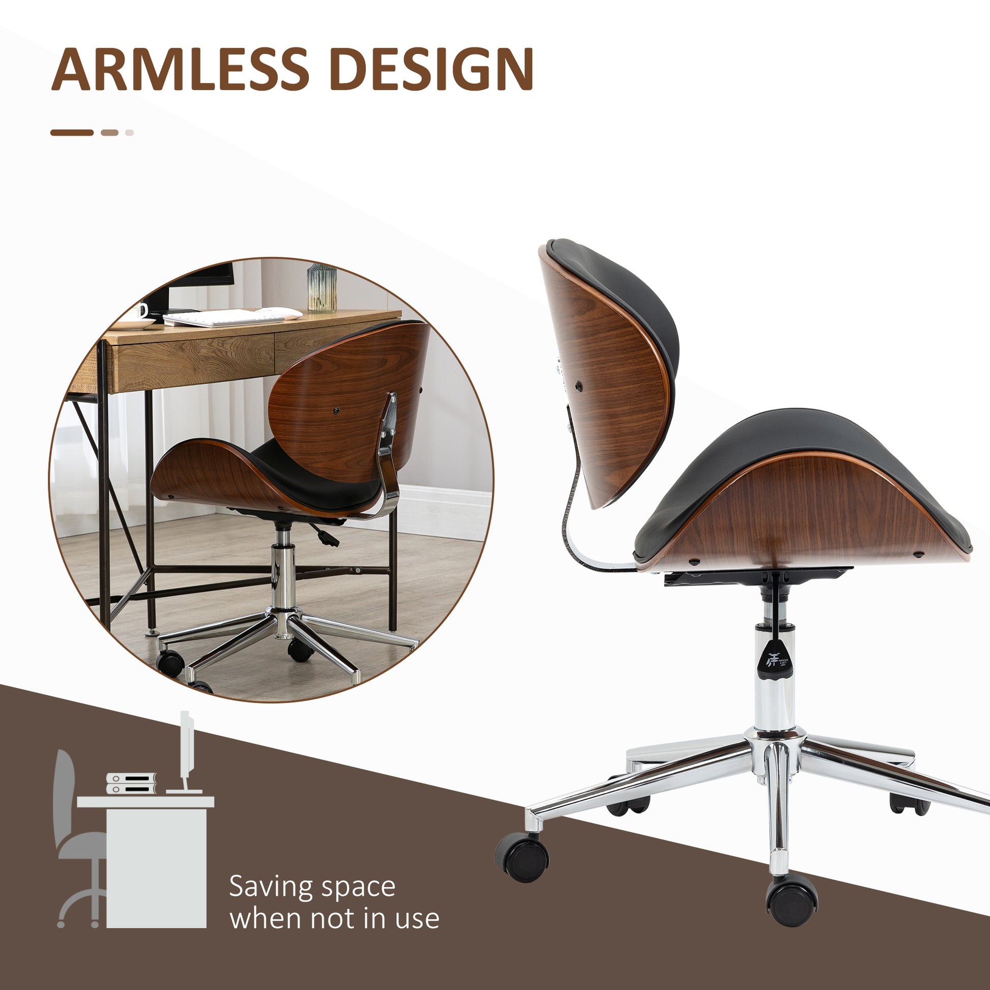 Office Chair, Faux Leather and Bentwood Computer Desk Chair with 360 Degree Swivel Wheels, Adjustable Height and Curved 
