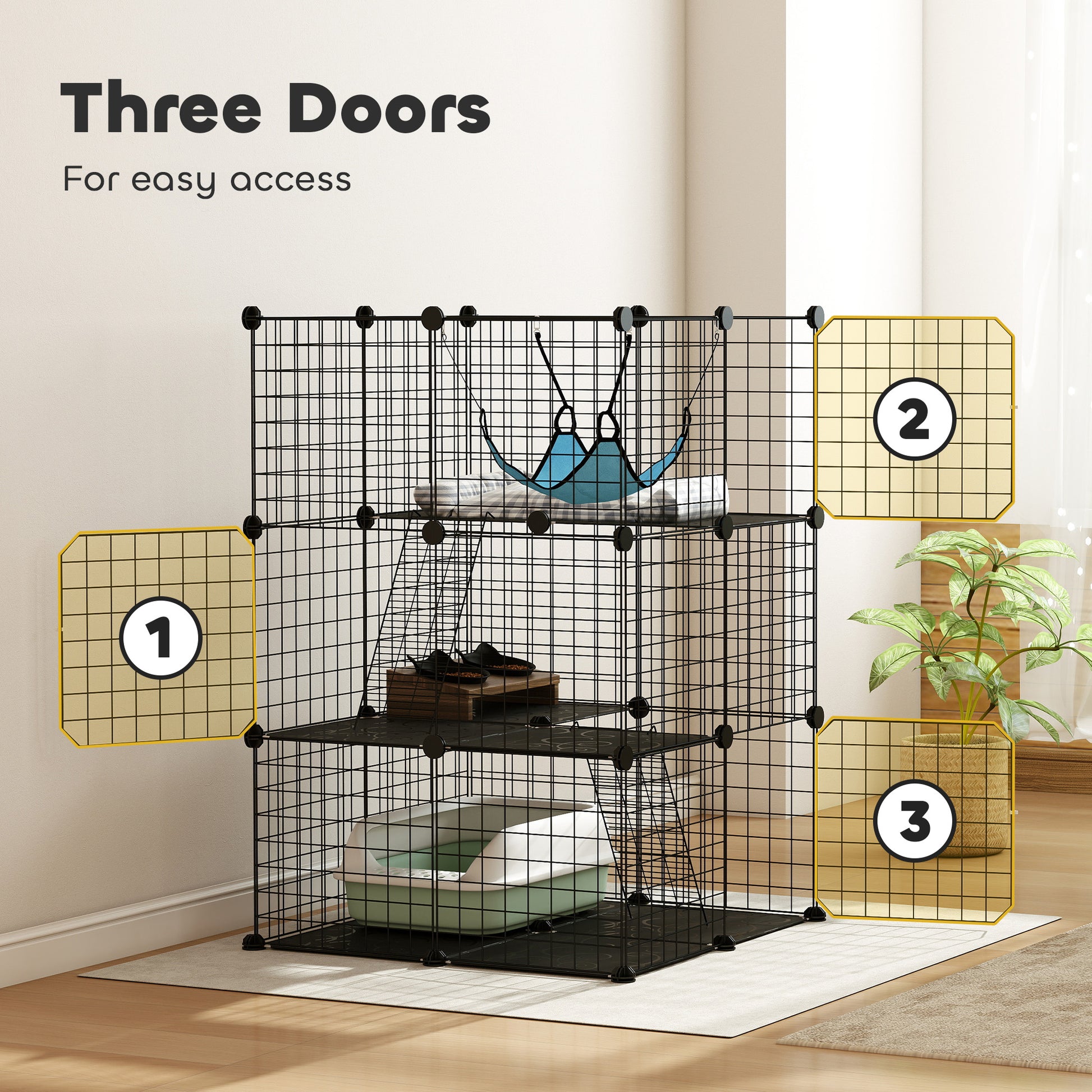 3 Tier Cat Cage Crate, DIY Pet Playpen with 3 Doors, Ladders, Hammock, Platforms, Indoor Playpen for Kittens, Black