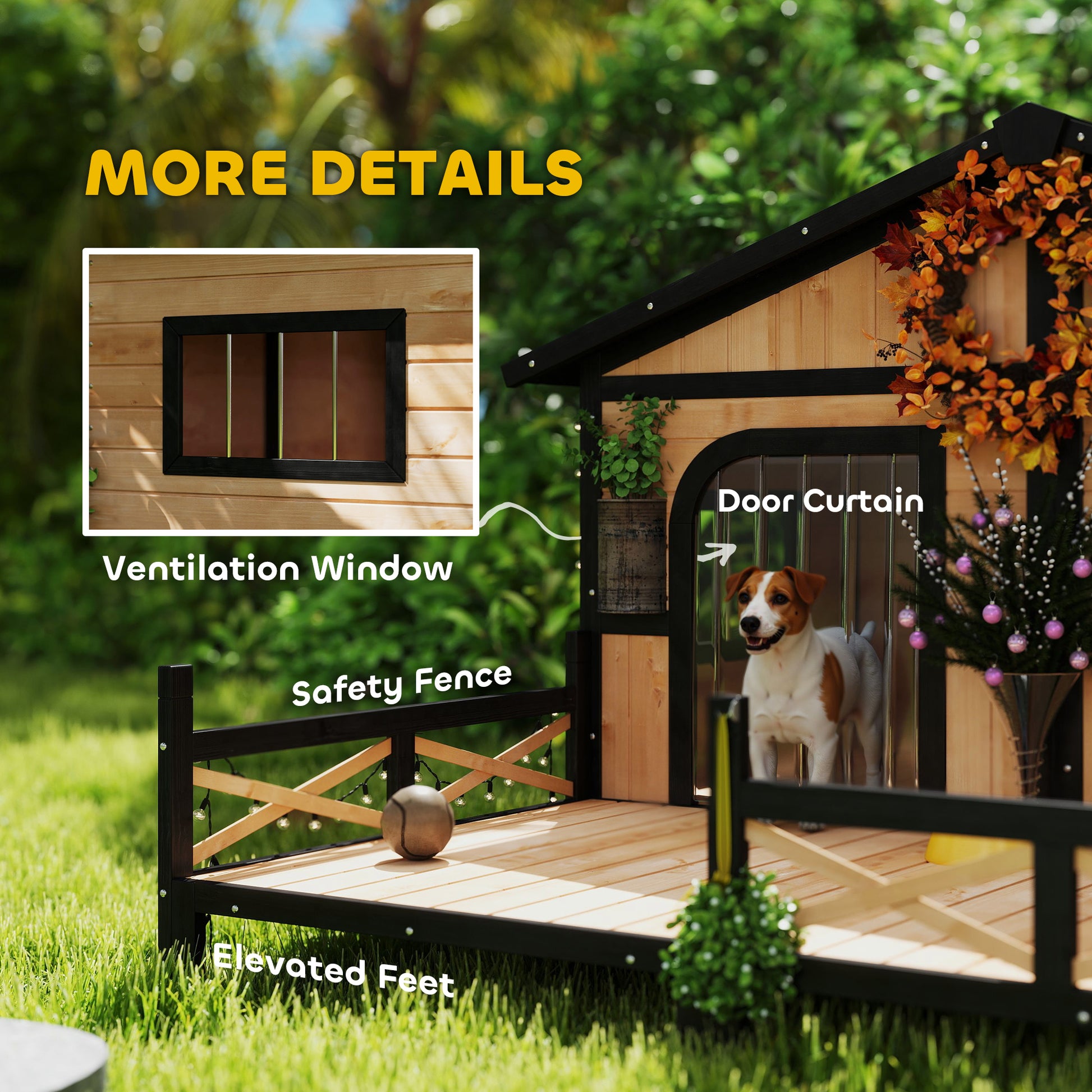59"x64"x39" Wood Dog House Outdoor Cabin-Style Elevated Pet Shelter with Porch Deck, Beige