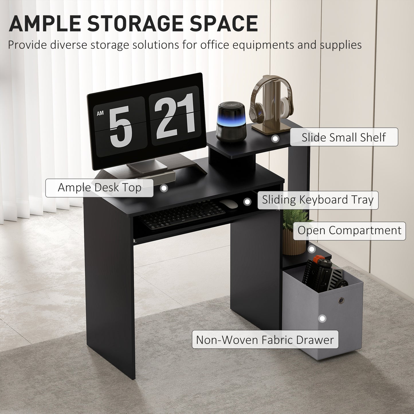 Computer Desk with Sliding Keyboard Tray Storage Drawer Shelf Home Office Workstation Black