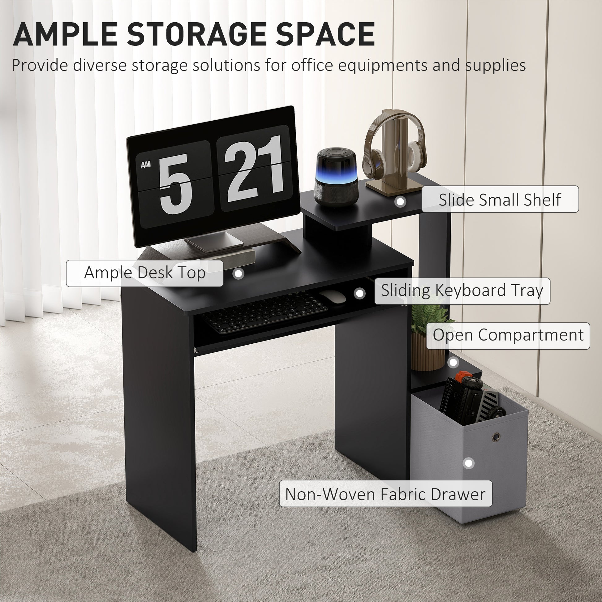 Computer Desk with Sliding Keyboard Tray Storage Drawer Shelf Home Office Workstation Black