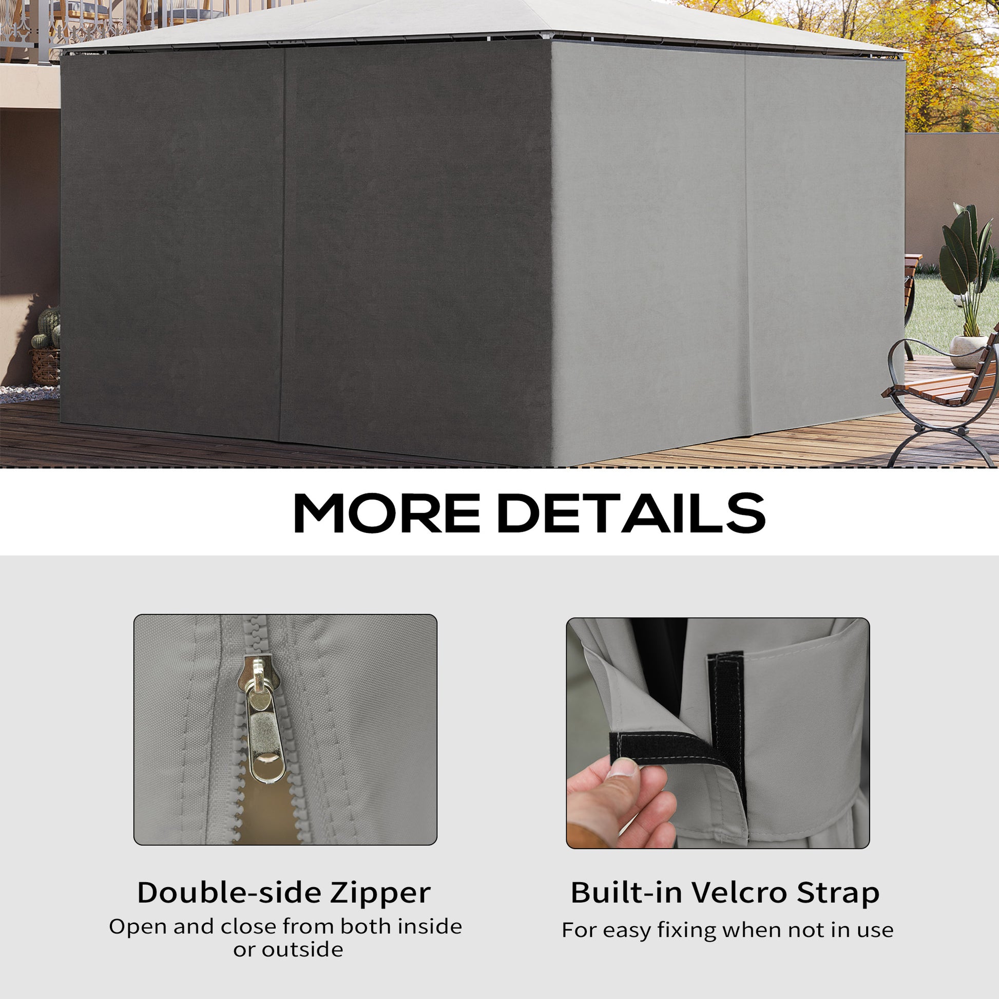 Gazebo Curtains, 10' x 13' Universal Replacement Privacy Curtain, 4-Panels Sidewall with Hooks/C-Rings, Light Grey