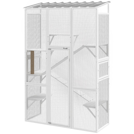 Large Outdoor Catio with 6 Jumping Platforms, Scratching Post, 2 Ramps, Waterproof Roof, White