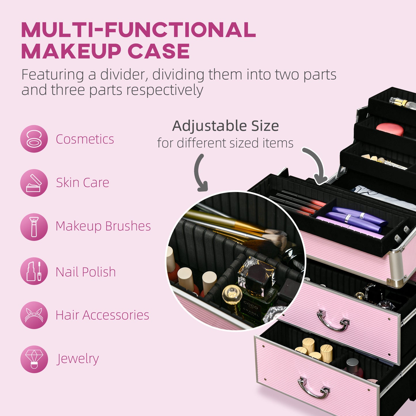Rolling Makeup Train Case, Large Storage Cosmetic Trolley, Lockable Traveling Cart Trunk with Folding Trays, Swivel Whee