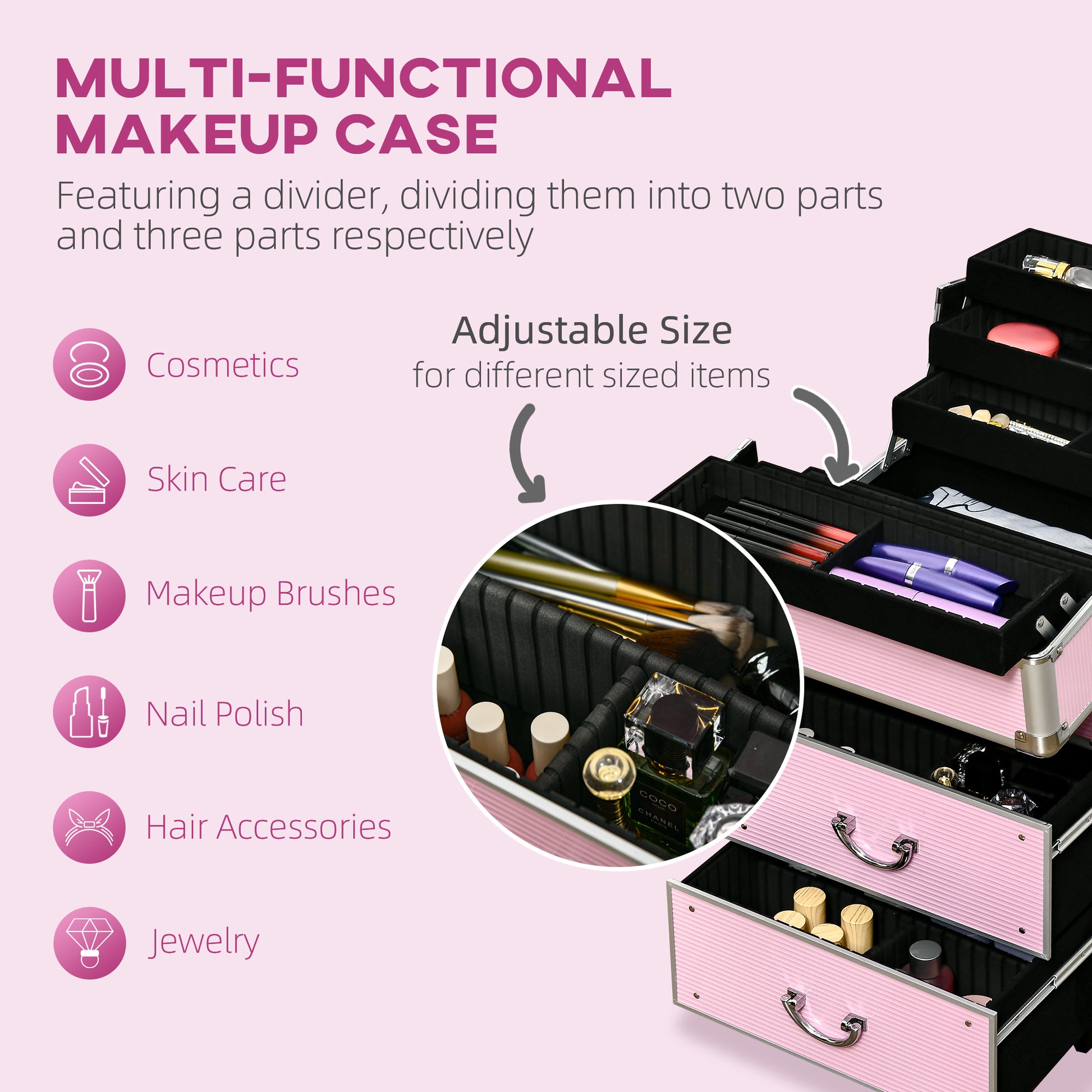 Rolling Makeup Train Case, Large Storage Cosmetic Trolley, Lockable Traveling Cart Trunk with Folding Trays, Swivel Whee